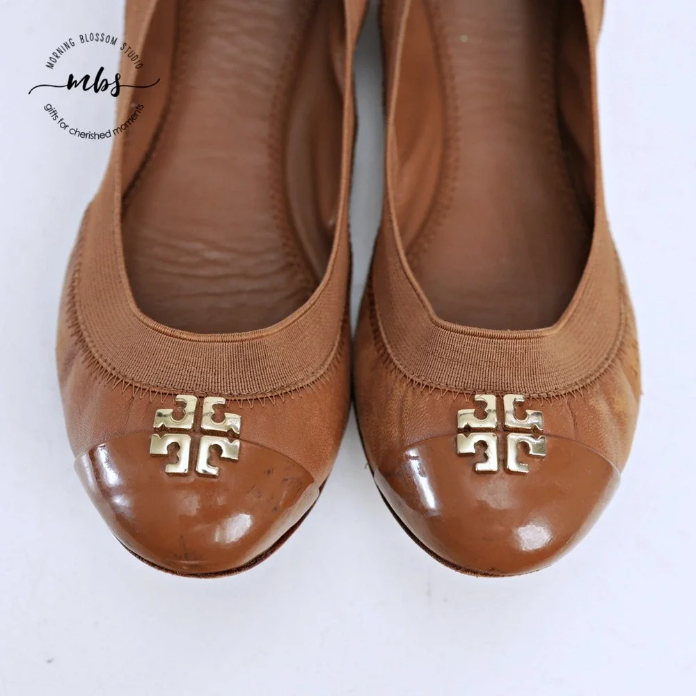 Tory Burch Jolie Cap Toe‎ Classic Preppy Leather Ballet Flats Brown Gold Women 6